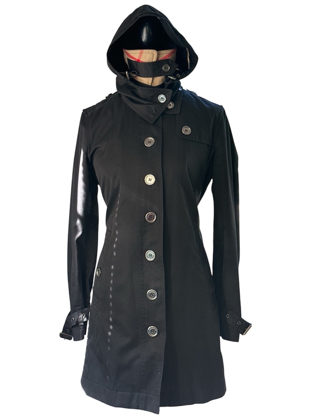 Burberry Brit hip length, black cotton gabardine, single breasted hooded trench